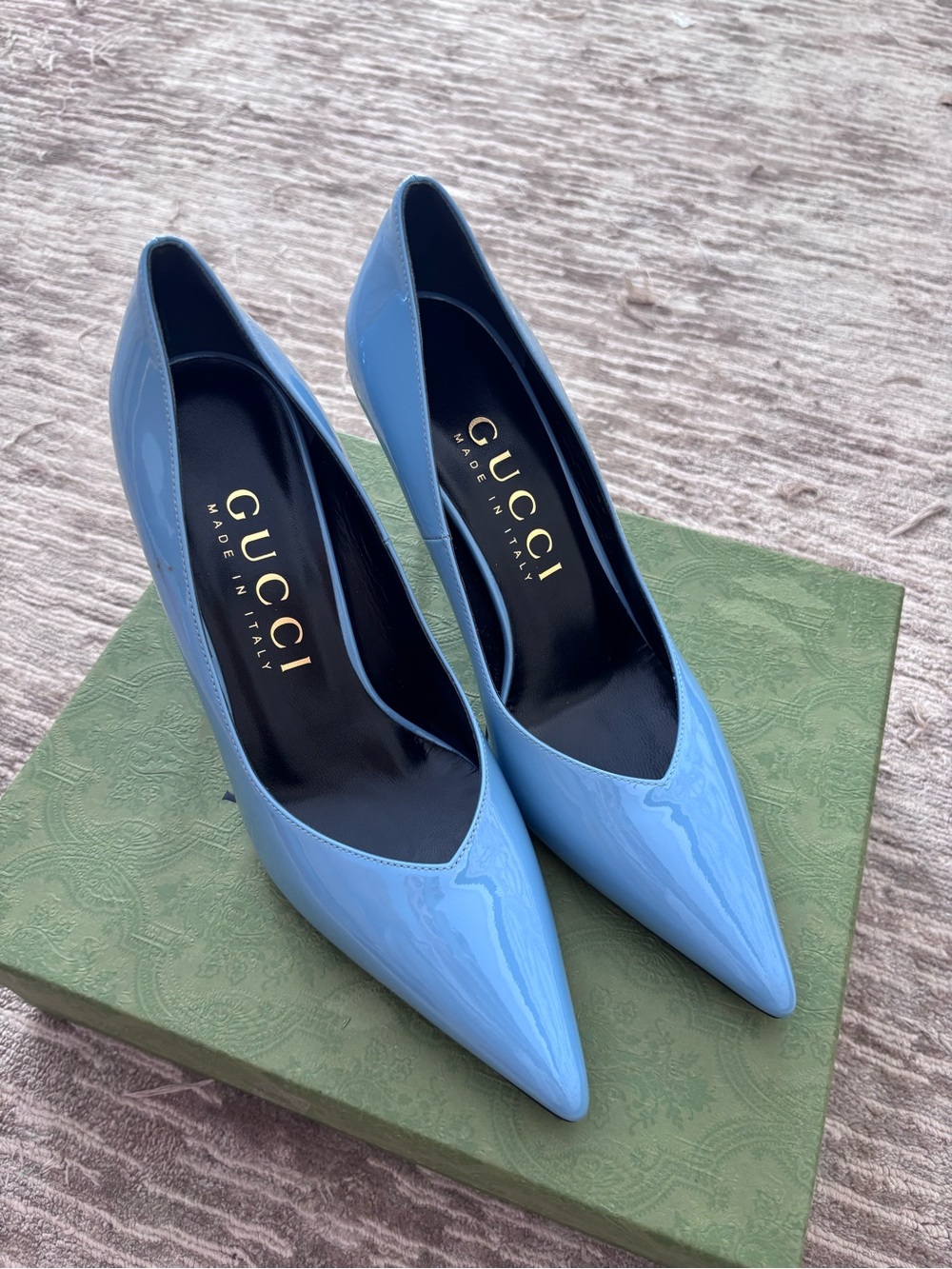 Gucci Light Blue Patent Pointed-Toe Pumps